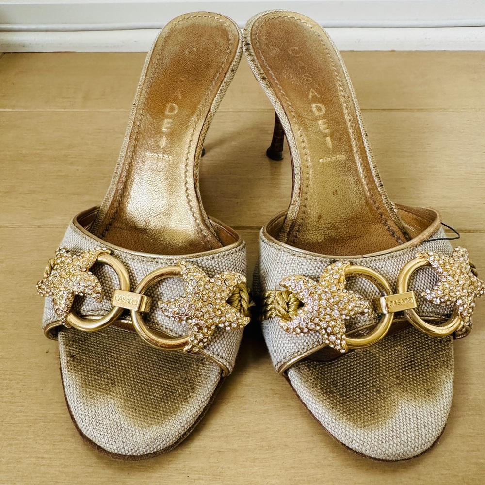 CASADEI Gold High Heel Sandal, Size 5.5